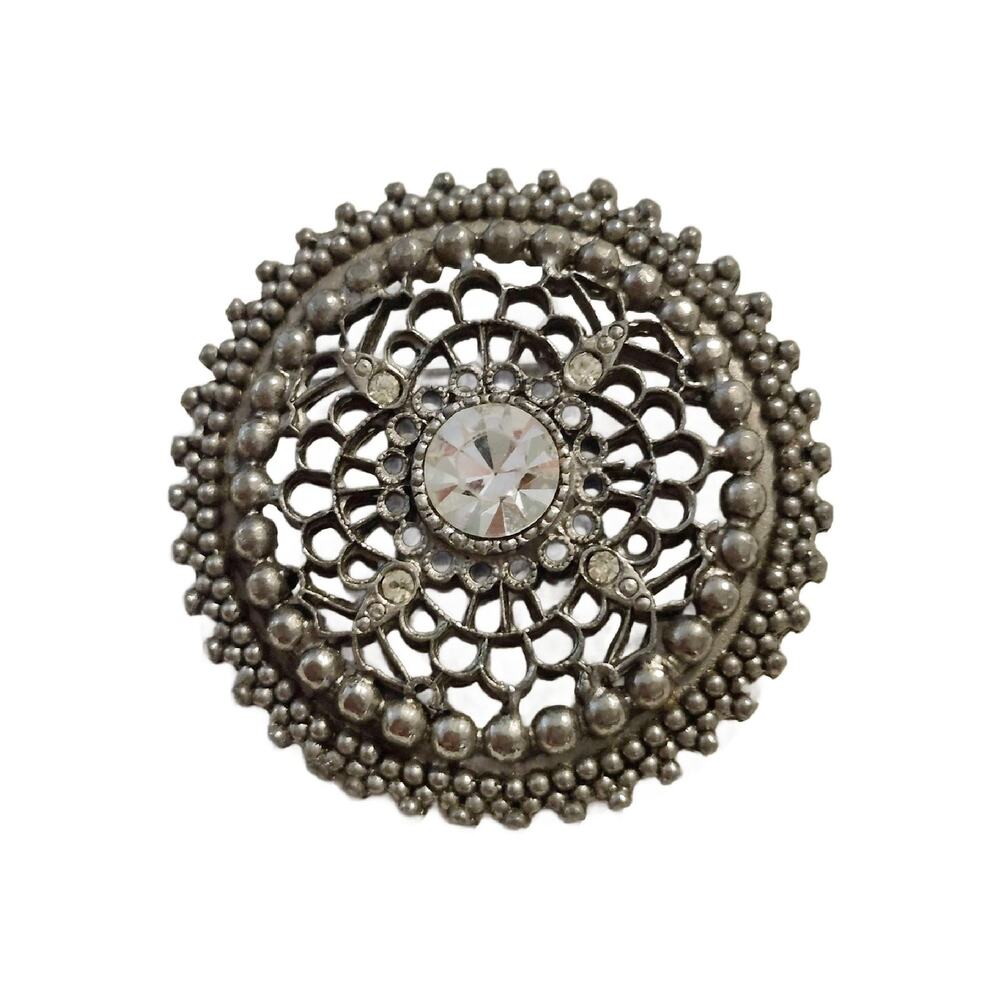 Mid Century Crystal Open Work Round Brooch